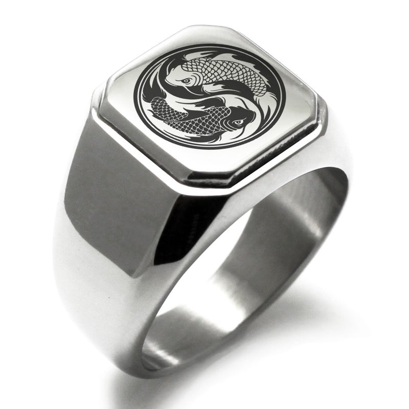 Tioneer Jewelry | Stainless Steel Symbol Initial Ring | Square Flat Top Ring for Men & Women | Stainless Steel Jewelry, Silver - Koi Fish, Size 9 - Image 1